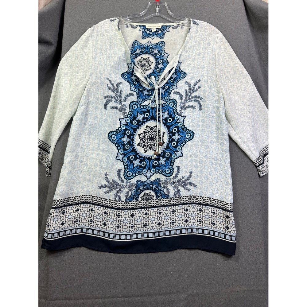 Adrienne Vittadini Women Blue White Medallion Print‎ Tunic Top Boho Beaded Large